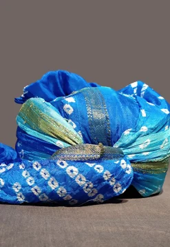 Bandhej Printed Taffeta Silk Turban in Shaded Blue