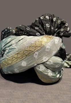 Bandhej Printed Taffeta Silk Turban in Black and Grey