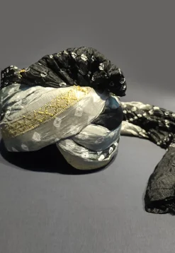 Bandhej Printed Taffeta Silk Turban in Black and Grey