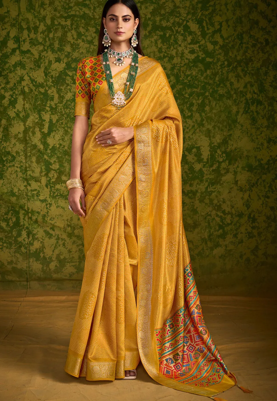 Bandhej Printed Tussar Silk Saree in Mustard