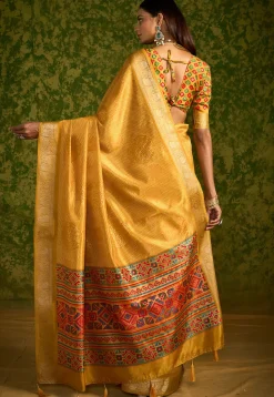 Bandhej Printed Tussar Silk Saree in Mustard