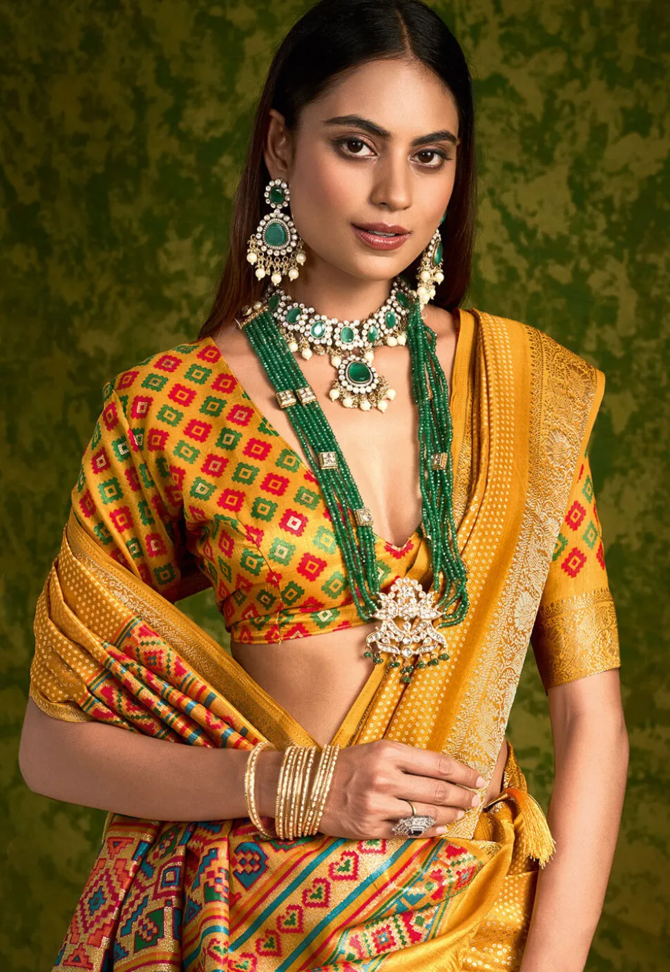 Bandhej Printed Tussar Silk Saree in Mustard