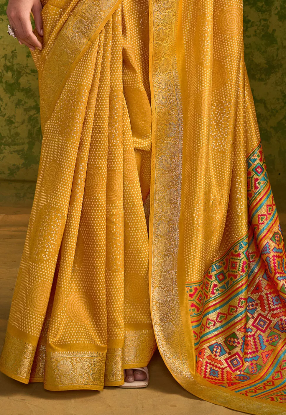 Bandhej Printed Tussar Silk Saree in Mustard