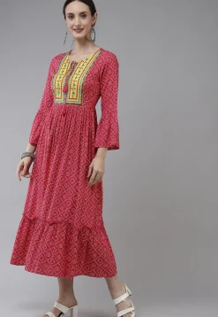 Bandhej Printed Viscose Rayon Dress in Dark Pink