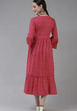 Bandhej Printed Viscose Rayon Dress in Dark Pink