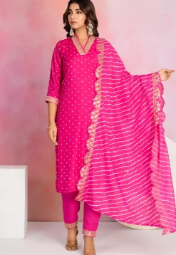 Bandhej Printed Viscose Silk Pakistani Suit in Fuchsia
