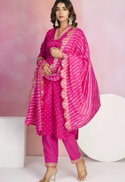 Bandhej Printed Viscose Silk Pakistani Suit in Fuchsia