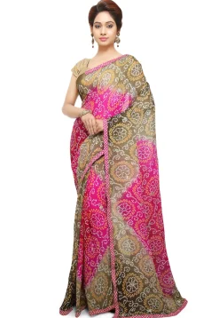 Bandhej Pure Chinon Crepe Saree in Shaded Beige and Fuchsia