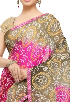 Bandhej Pure Chinon Crepe Saree in Shaded Beige and Fuchsia
