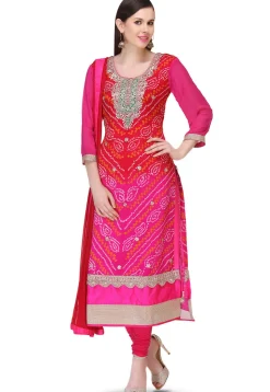 Bandhej Pure Chinon Crepe Straight Cut Suit in Red and Fuchsia