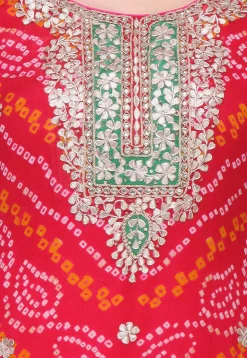 Bandhej Pure Chinon Crepe Straight Cut Suit in Red and Fuchsia