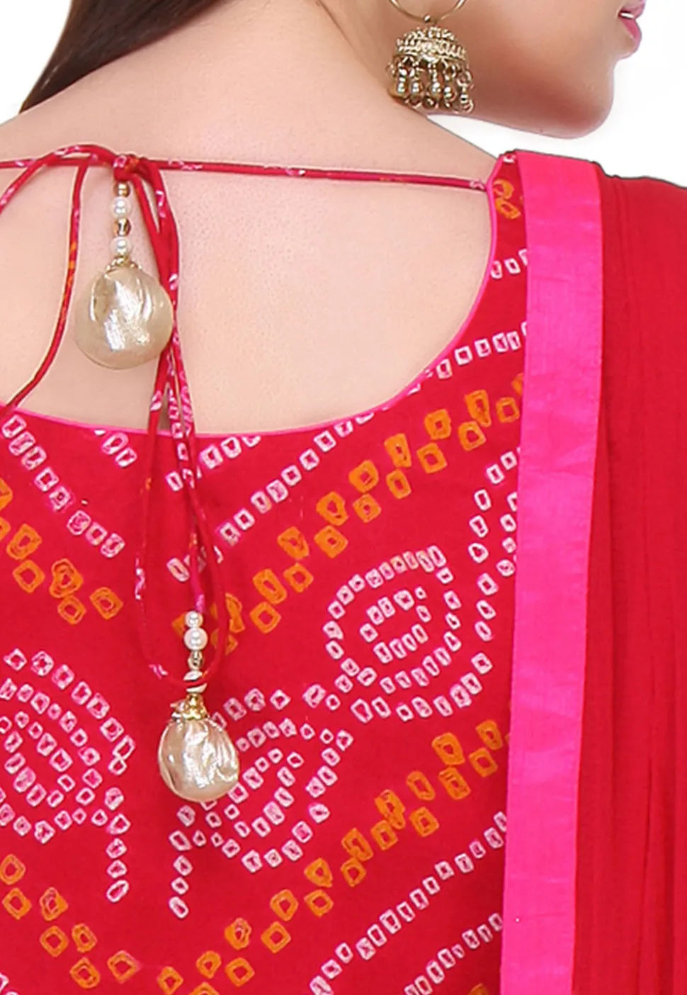 Bandhej Pure Chinon Crepe Straight Cut Suit in Red and Fuchsia