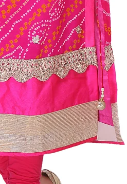 Bandhej Pure Chinon Crepe Straight Cut Suit in Red and Fuchsia
