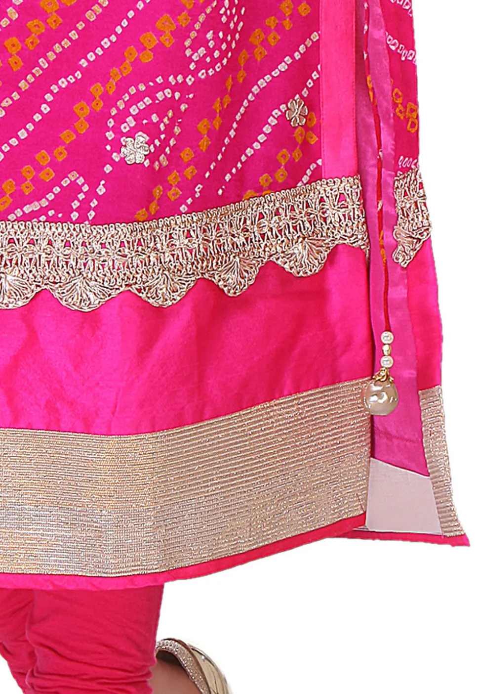 Bandhej Pure Chinon Crepe Straight Cut Suit in Red and Fuchsia