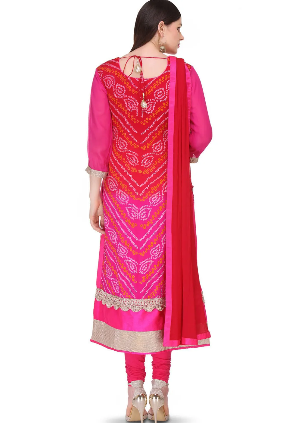 Bandhej Pure Chinon Crepe Straight Cut Suit in Red and Fuchsia