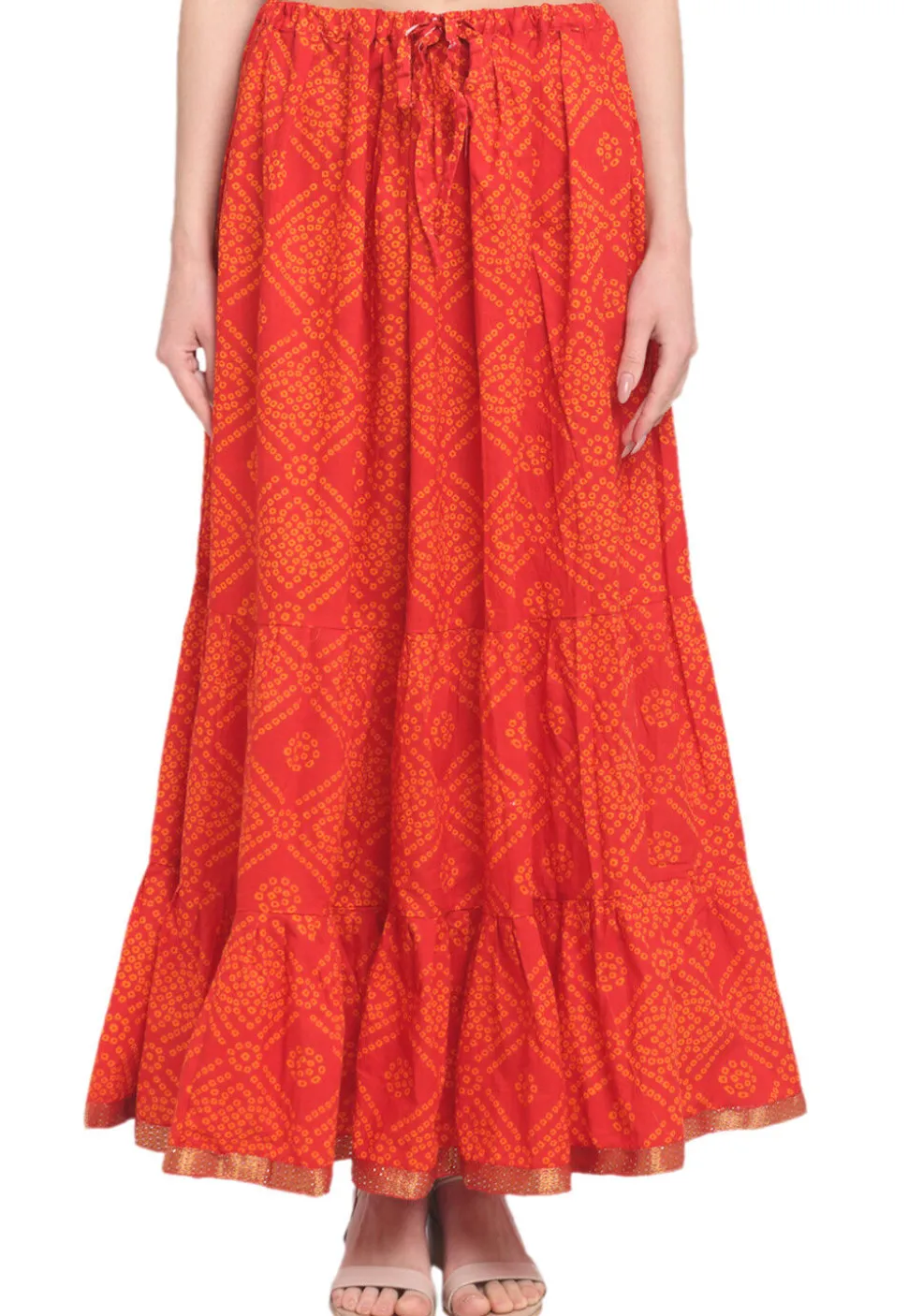 Bandhej Pure Cotton Tiered Skirt in Orange