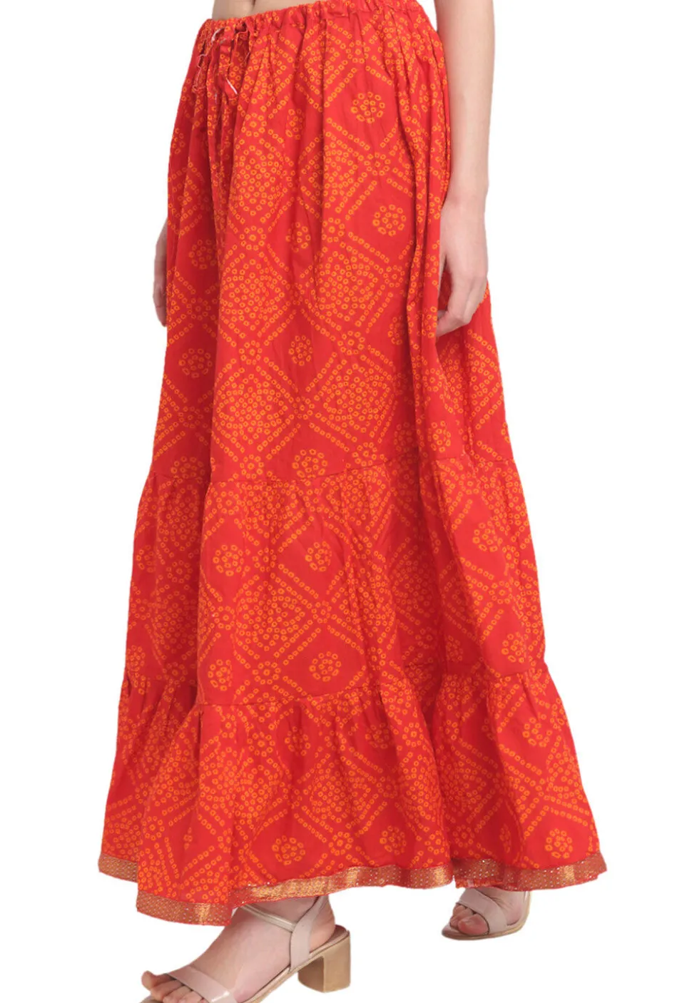 Bandhej Pure Cotton Tiered Skirt in Orange