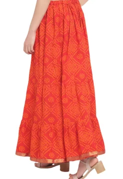 Bandhej Pure Cotton Tiered Skirt in Orange
