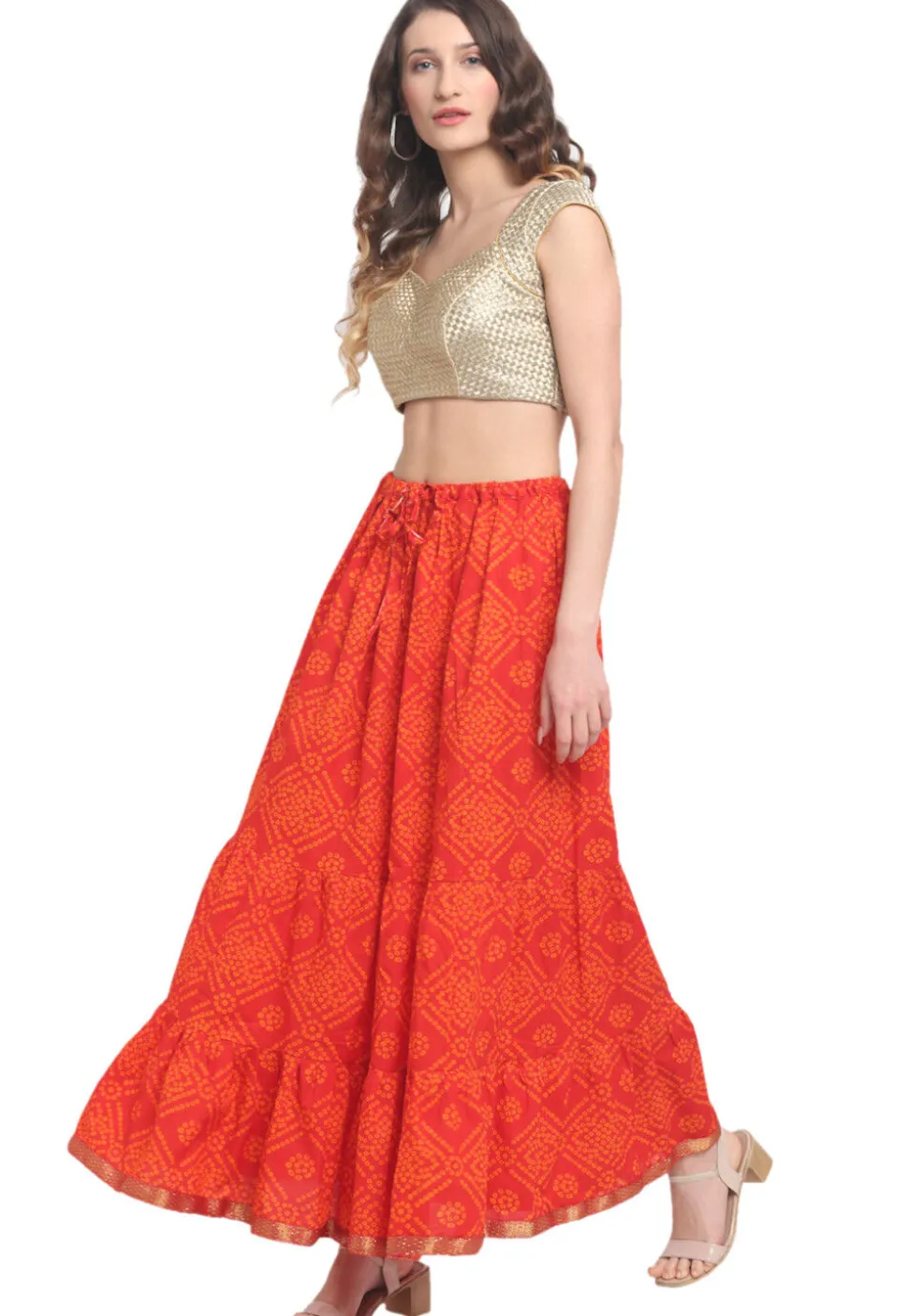 Bandhej Pure Cotton Tiered Skirt in Orange