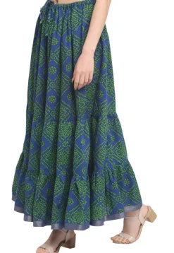 Bandhej Pure Cotton Tiered Skirt in Navy Blue