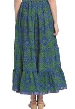 Bandhej Pure Cotton Tiered Skirt in Navy Blue