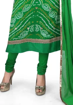 Bandhej Pure Crepe Chinon Straight Cut Suit in Green