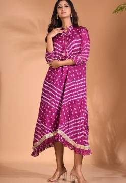 Bandhej Pure Silk Symmetric Dress in Purple