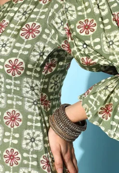 Batik Printed Art Silk Front Slit Dress in Olive Green