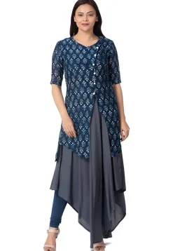 Batik Printed Chanderi Cotton Jacket Style Kurta in Blue