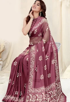 Batik Printed Chiffon Saree in Dark Purple