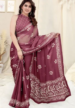 Batik Printed Chinon Chiffon Saree in Wine