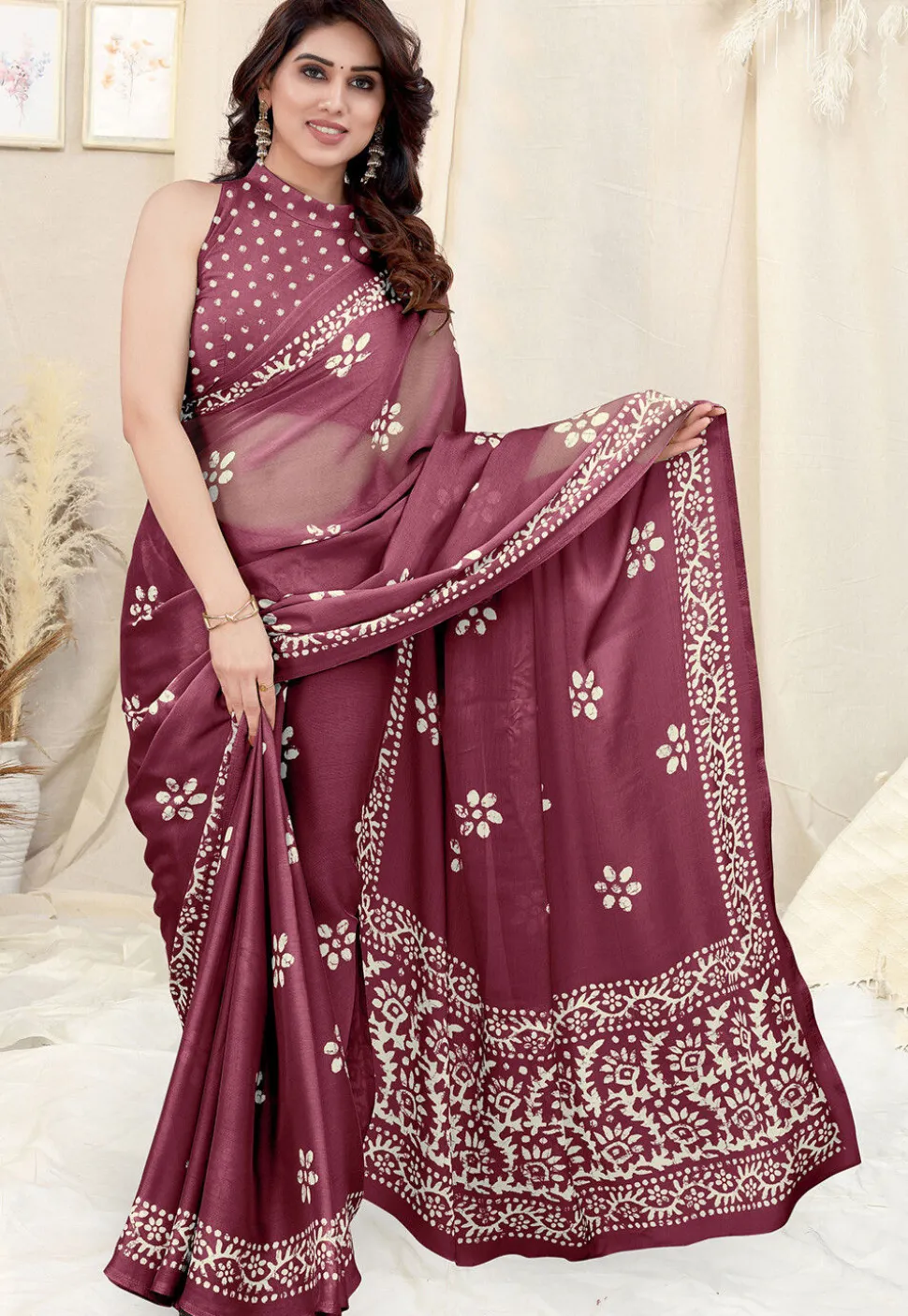 Batik Printed Chinon Chiffon Saree in Wine