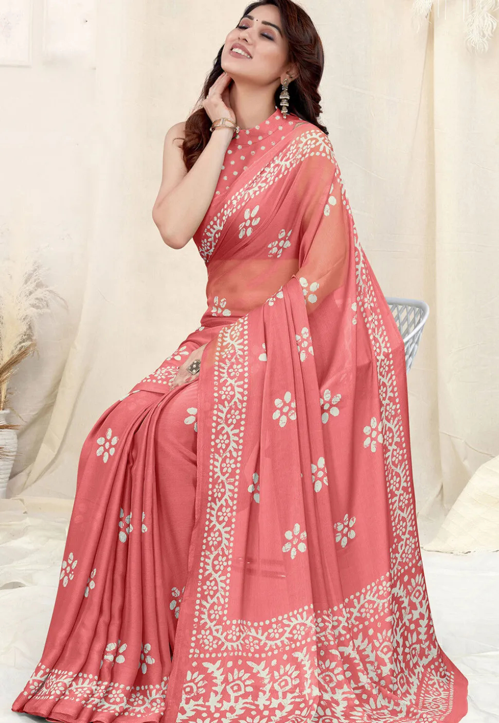 Batik Printed Chinon Chiffon Saree in Peach
