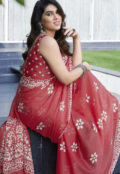 Batik Printed Chinon Chiffon Saree in Peach
