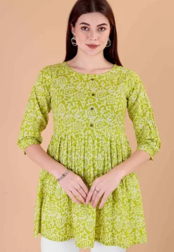 Batik Printed Cotton A Line Kurti in Green