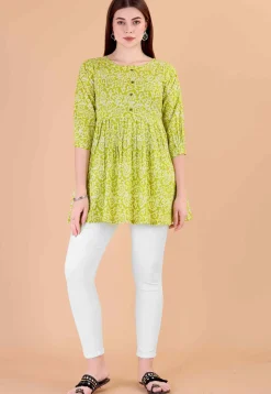 Batik Printed Cotton A Line Kurti in Green