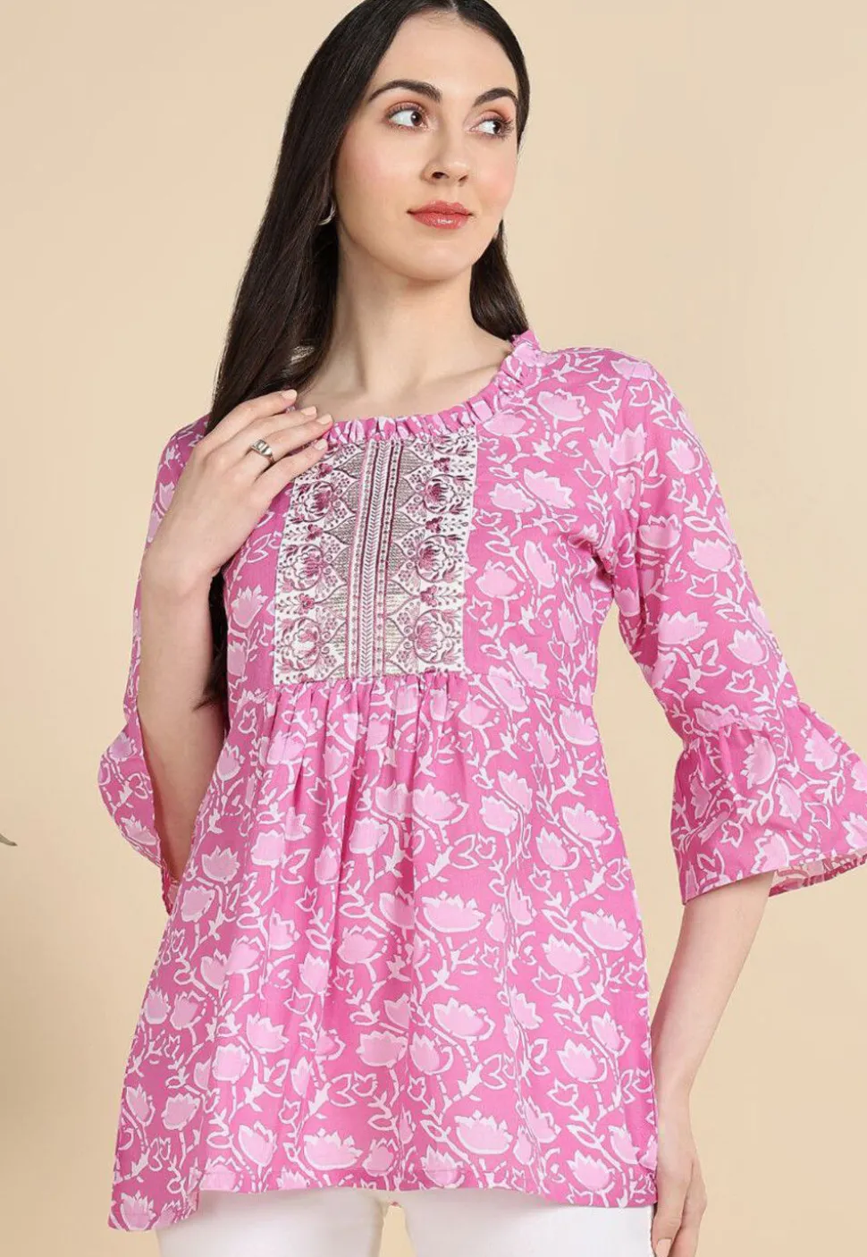Batik Printed Cotton A Line Kurti in Pink