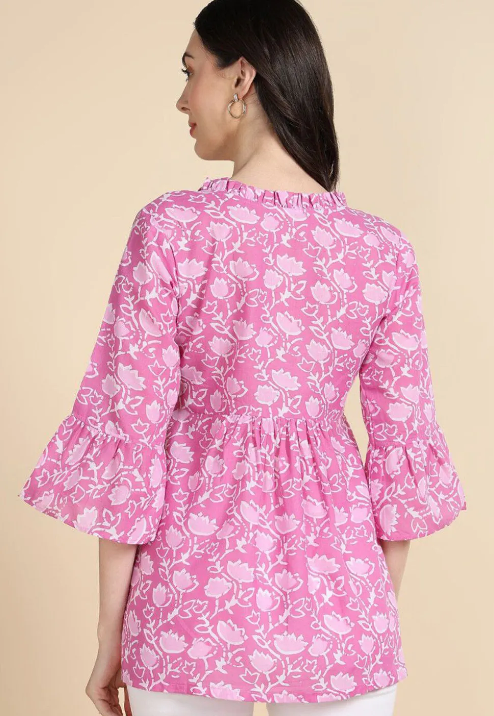 Batik Printed Cotton A Line Kurti in Pink