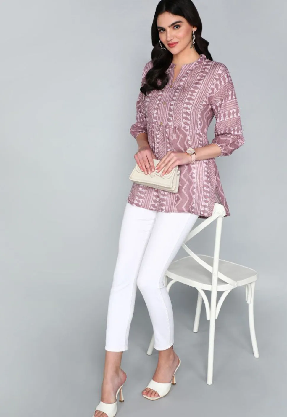 Batik Printed Cotton A Line Kurti in Old Rose