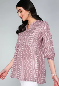 Batik Printed Cotton A Line Kurti in Old Rose