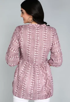 Batik Printed Cotton A Line Kurti in Old Rose