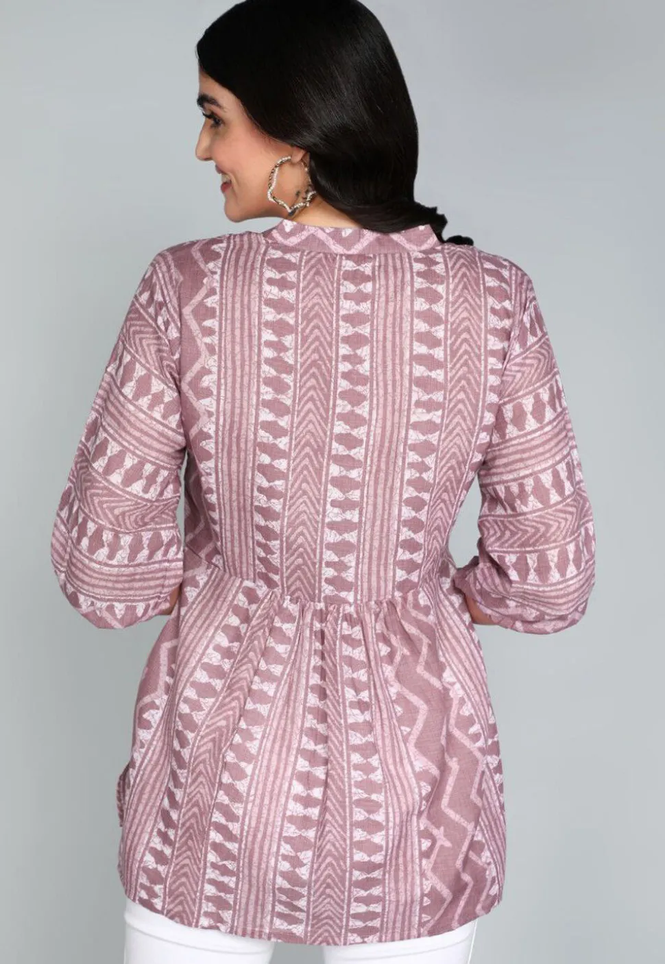 Batik Printed Cotton A Line Kurti in Old Rose