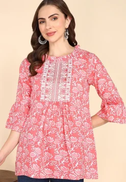 Batik Printed Cotton A Line Kurti in Peach