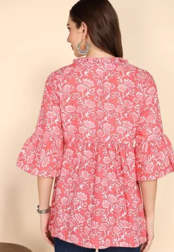 Batik Printed Cotton A Line Kurti in Peach
