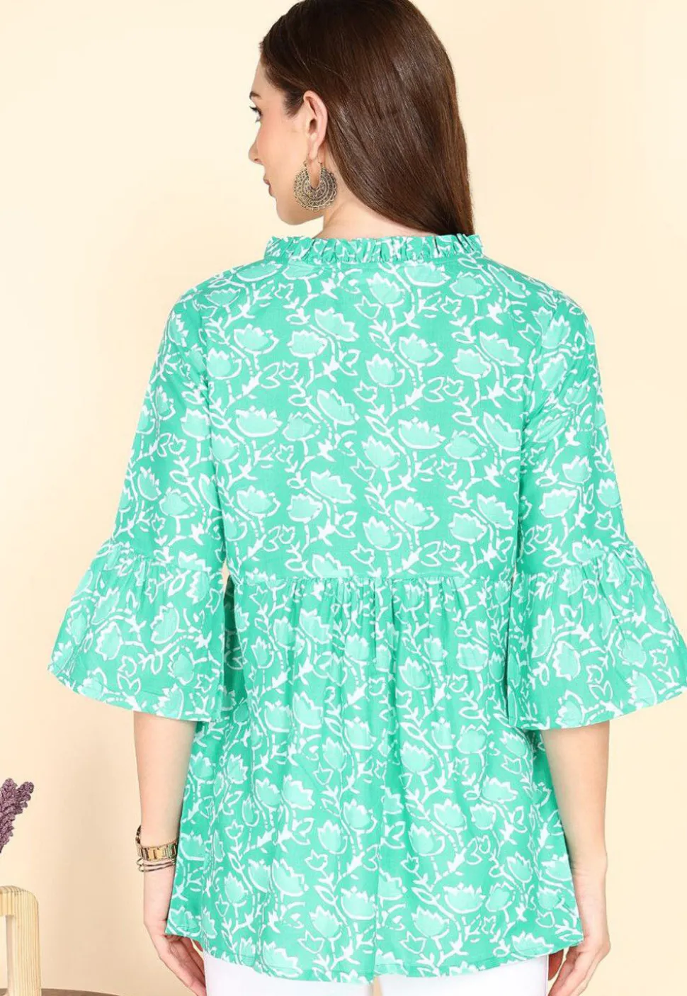 Batik Printed Cotton A Line Kurti in Sea Green