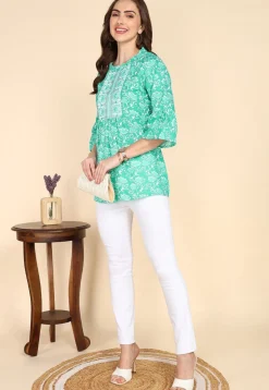 Batik Printed Cotton A Line Kurti in Sea Green