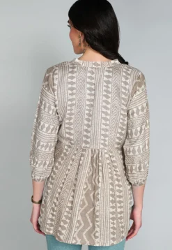 Batik Printed Cotton A Line Kurti in Beige