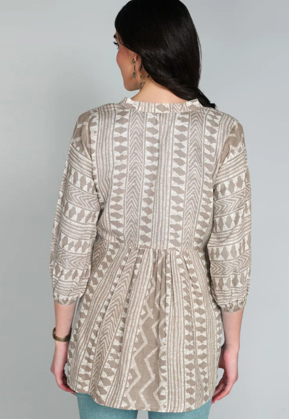 Batik Printed Cotton A Line Kurti in Beige