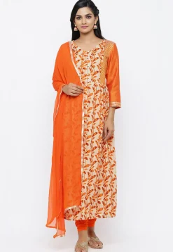 Batik Printed Cotton A Line Suit in Beige and Orange