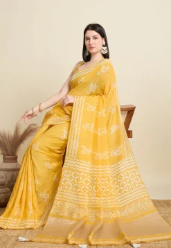 Batik Printed Cotton Saree in Yellow